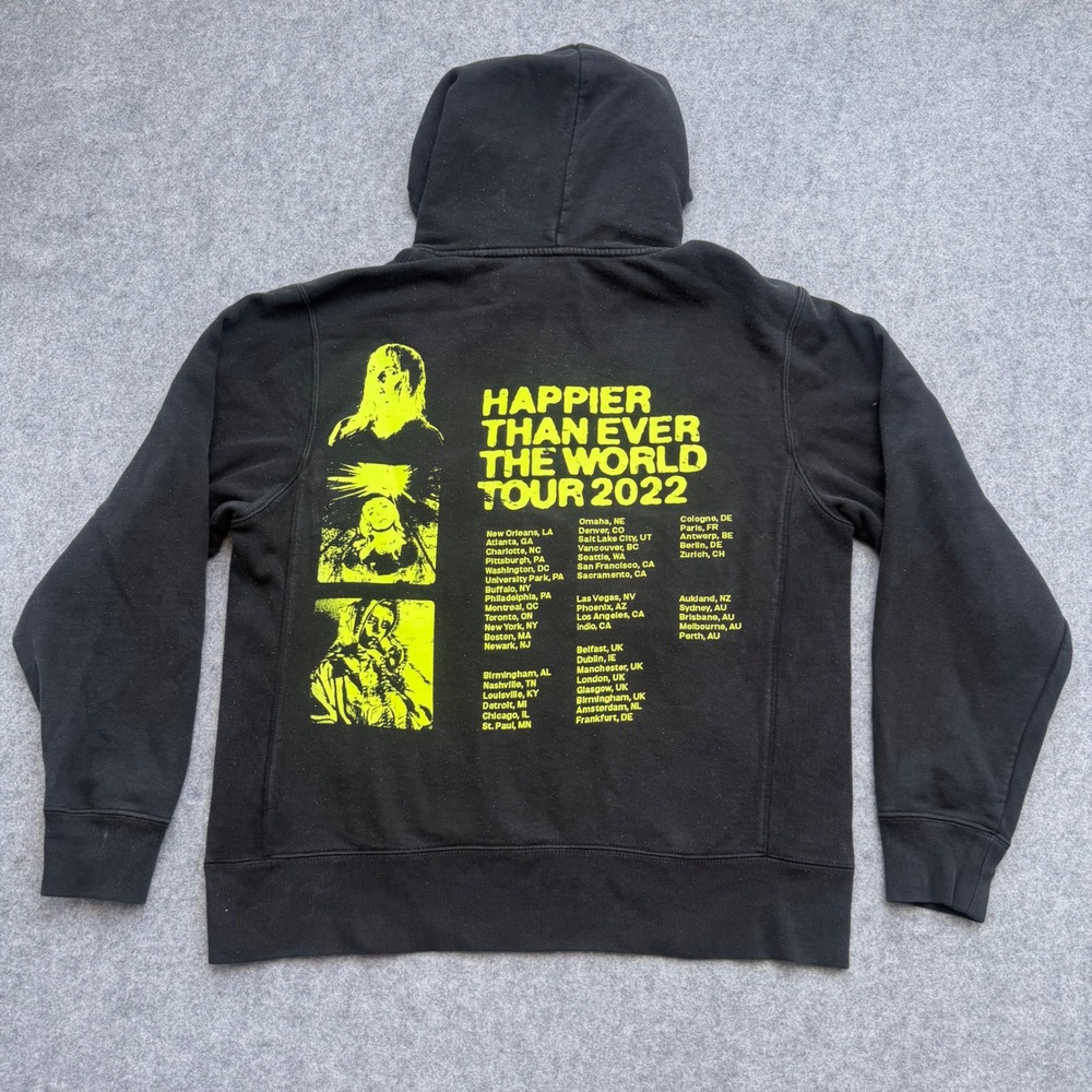 Billie Eilish Happier Than Ever World Tour 2022 Hoodie Black Neon Yellow Large